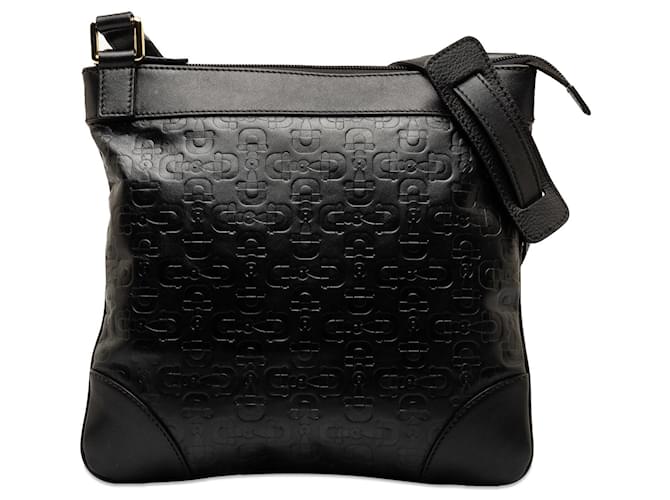 Black Gucci Embossed Leather Horsebit Crossbody Bag  ref.1296108