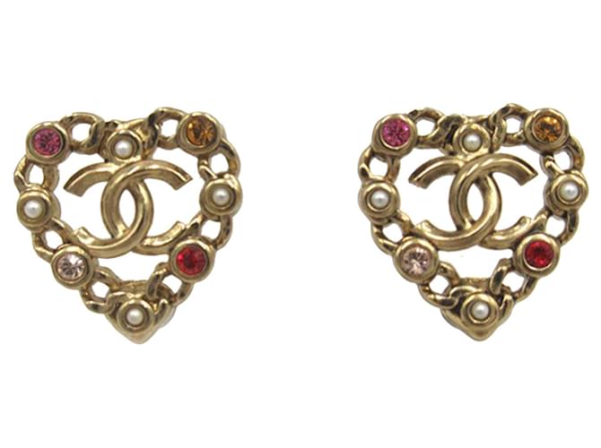 Gold Chanel Pearl Crystal CC Heart Earrings Golden  ref.1296174