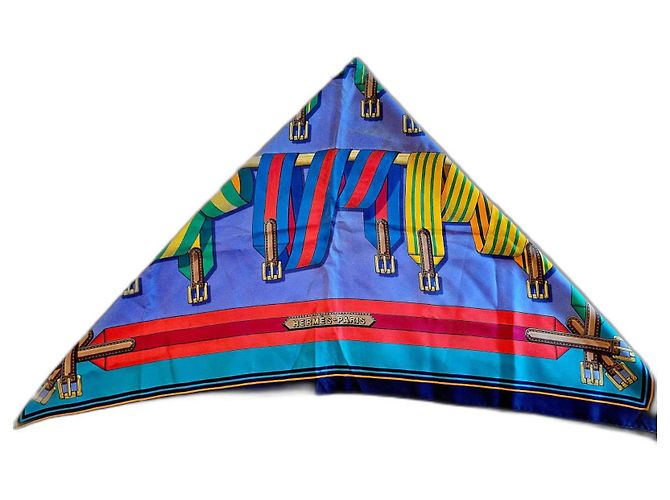Pañuelo Hermès "Les Sangles" azul J. Metz 1985 Púrpura Turquesa
