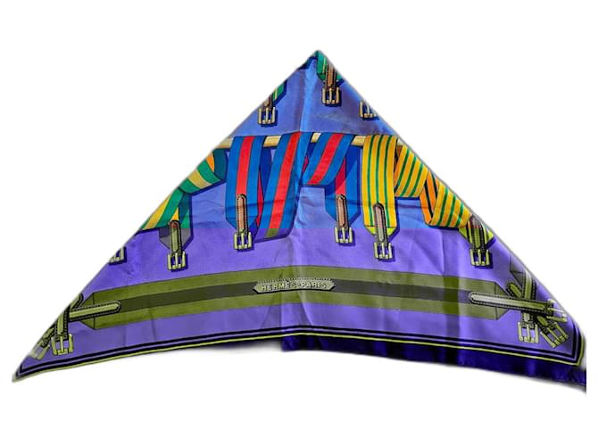 Hermès square "Les Sangles" blue J. Metz 1985 Purple Turquoise Silk  ref.1296193