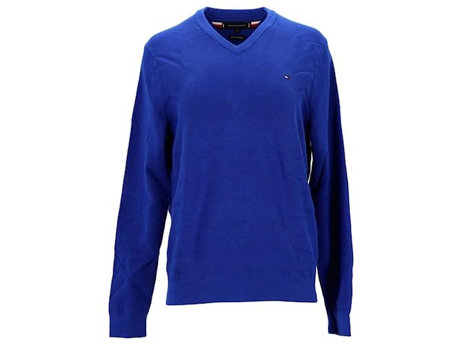 Tommy Hilfiger Suéter masculino de algodão puro com decote em V em algodão azul  ref.1296225
