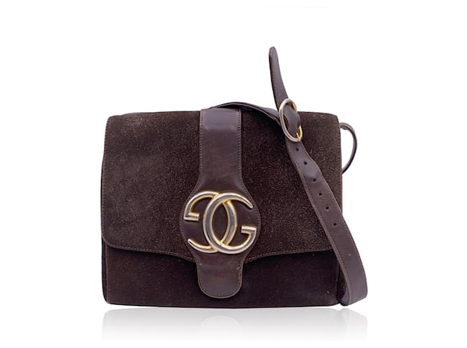 Gucci Vintage Brown Suede and Leather GG Logo Shoulder Bag  ref.1296247