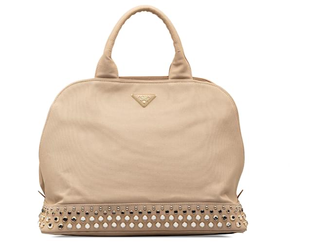 Prada Brown Canapa Studded Dome Shopping Tote Beige Cloth Cloth  ref.1296429
