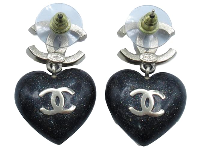 Chanel Silver CC Rhinestones Resin Heart Drop Earrings Black Silvery Metal Plastic  ref.1296430