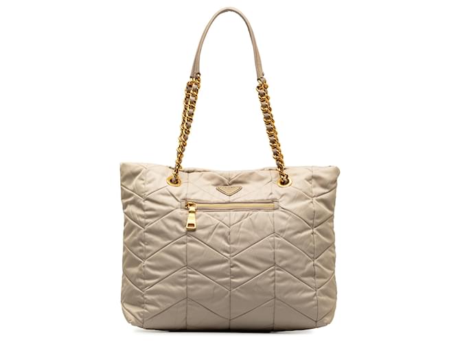Prada Brown Quilted Tessuto Chain Tote Beige Leather Pony-style calfskin Nylon Cloth  ref.1296454