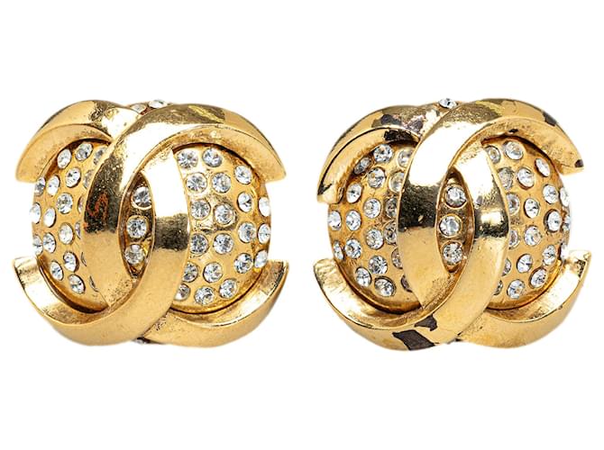 Chanel Gold CC Rhinestone Clip-On Earrings Golden Metal Gold-plated  ref.1296475