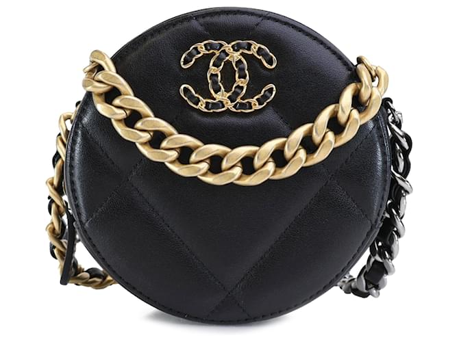 Chanel Piel de cordero negra 19 Clutch Redondo Con Cadena Negro Cuero  ref.1296480