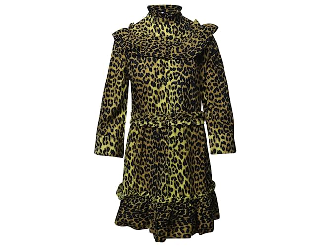 Ganni Leopard Minion Ruffled Mini Dress in Yellow Animal Print Cotton Python print  ref.1296524