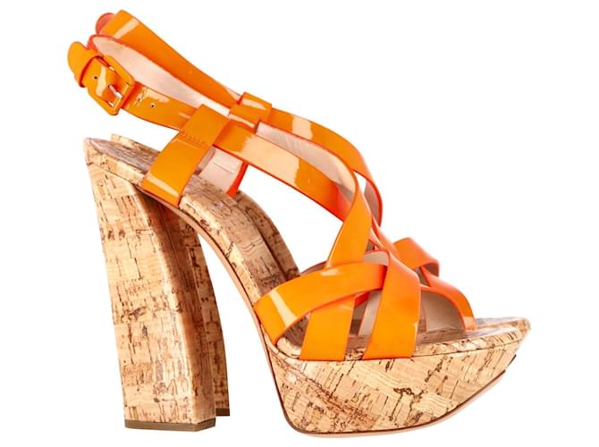 Casadei Crisscross High Block Heel Sandals in Orange Patent Leather  ref.1296529