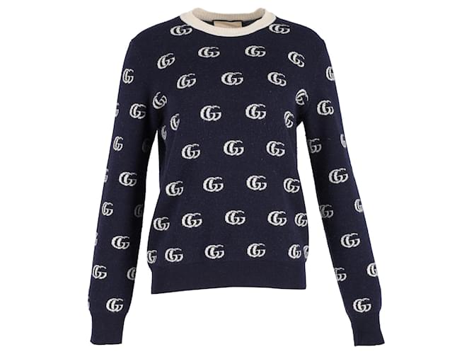 Gucci Classic Intarsia Logo Sweater in Navy Blue Wool  ref.1296548