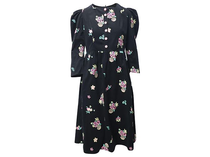 Autre Marque Vestido midi de manga bufante Batsheva em algodão preto com estampa floral