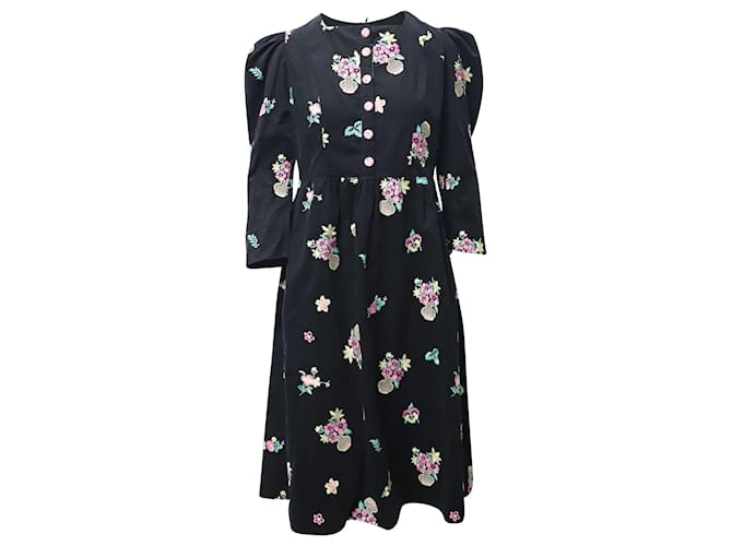 Autre Marque Batsheva Puff Sleeve Midi Dress in Black Floral Print Cotton  ref.1296564