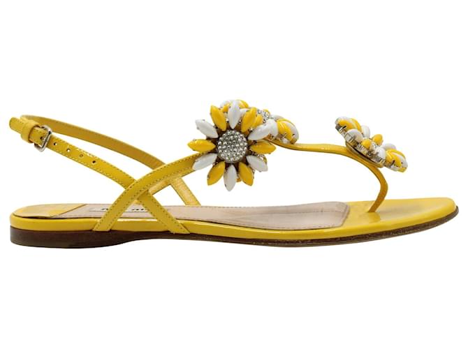 Sandalias planas con adornos Miu Miu en cuero amarillo  ref.1296589