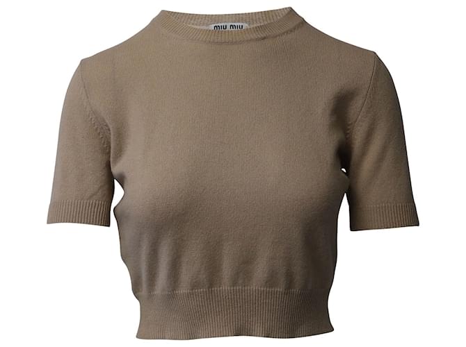 Miu Miu Knit Short-Sleeve Crop Sweater in Brown Cashmere Wool  ref.1296606