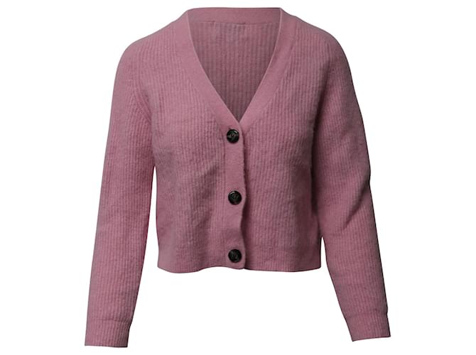 Cárdigan corto de punto acanalado de lana rosa Ganni  ref.1296623