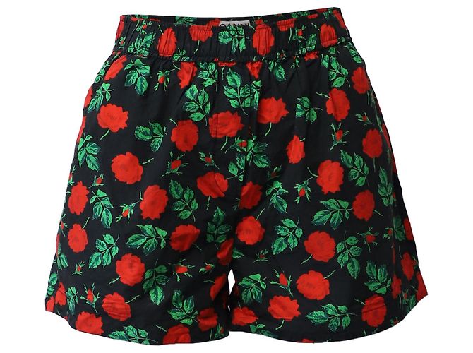 Pantalones cortos con estampado de rosas Ganni en algodón negro