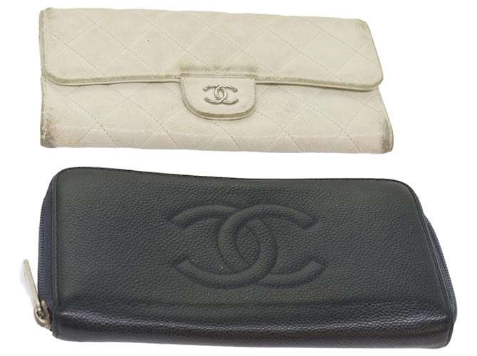 CHANEL Long Wallet Caviar Skin 2Set Navy White CC Auth bs12301 Navy blue  ref.1296781