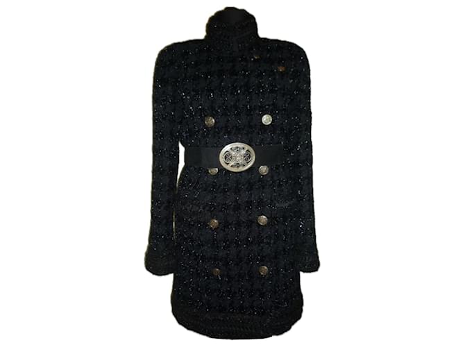 Chanel Cappotto nero in tweed lussuoso con cintura CC da 14K$  ref.1296972