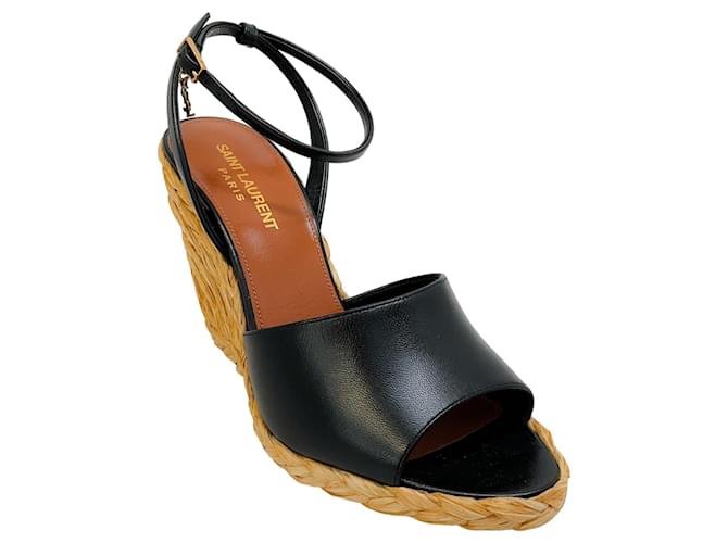 Autre Marque SAINT LAURENT 2023 Black Leather Paloma Raffia Wedge Sandals  ref.1297049