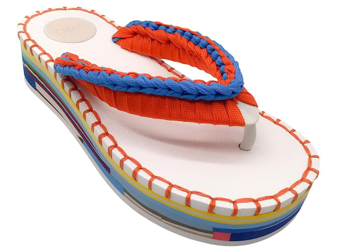 Autre Marque Chloe – Weiße Flip-Flop-Sandalen mit geflochtener Plateausohle und mehreren Farbkombinationen Mehrfarben Leinwand  ref.1297051