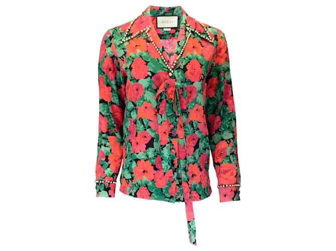 Autre Marque Gucci rojo / verde / Blusa de seda con estampado de rosas y adornos de perlas negras Multicolor  ref.1297052