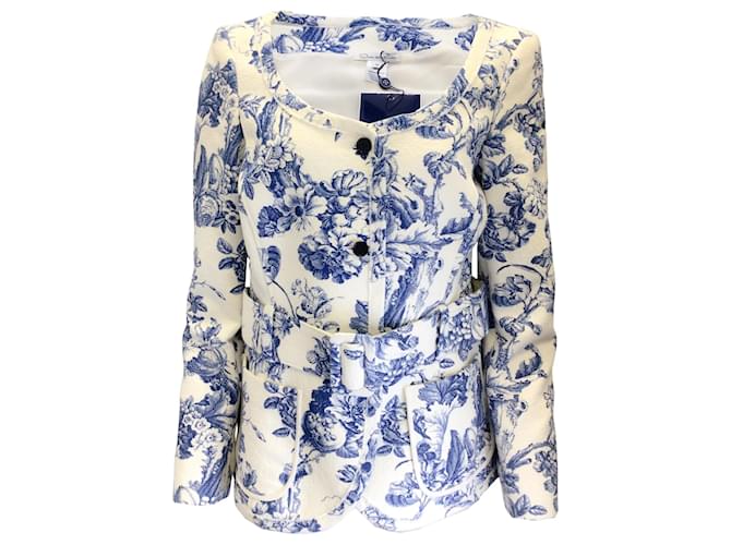 Autre Marque Oscar de la Renta Ivory / Blue Floral Printed Belted Cotton Jacket  ref.1297068