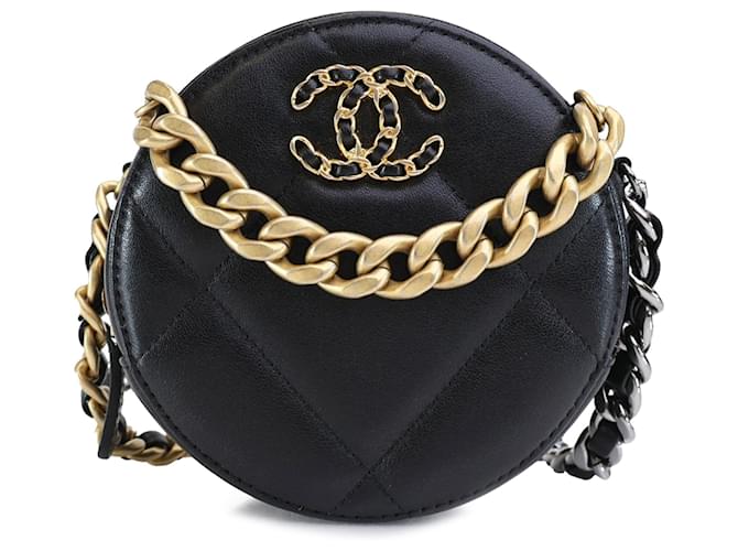 Pelle di agnello Chanel nera 19 Pochette rotonda con cartella a catena Nero  ref.1297163