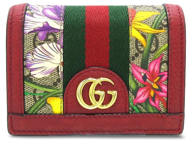 Petit portefeuille rouge Gucci GG Supreme Flora Ophidia Cuir  ref.1297179