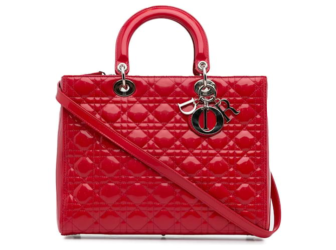 Red Dior Large Patent Cannage Lady Dior Satchel Leather  ref.1297196