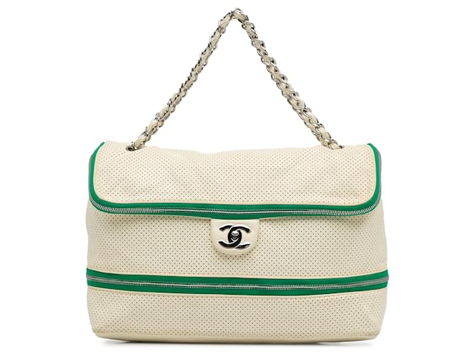 White Chanel Perforated Expandable Shoulder Bag Leather  ref.1297221