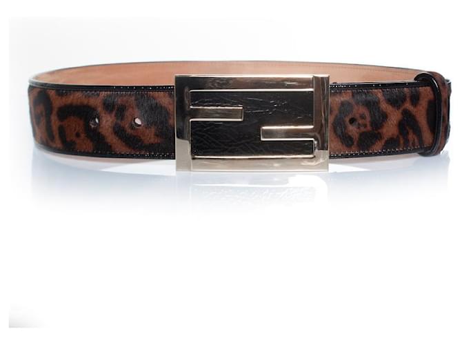Fendi, Leopard ponyskin belt Brown Black Golden Leather Patent leather  ref.1297258