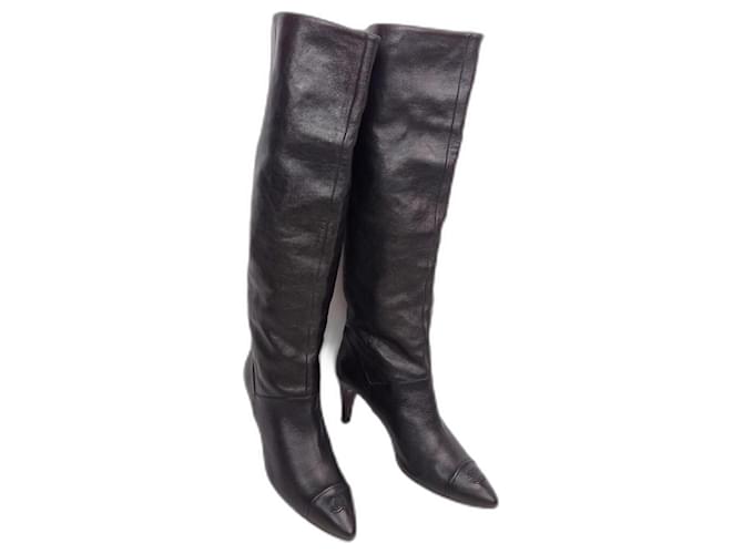 Chanel Black Grain Leather Toe Cap CC logo Knee Boots 41,5 C  ref.1297311