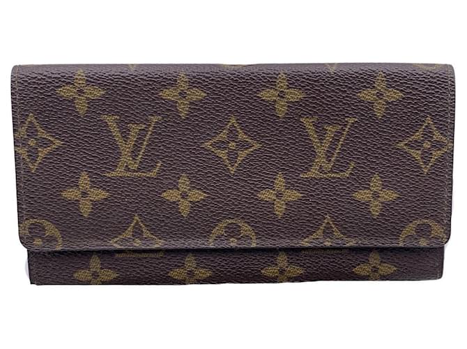 Louis Vuitton Carteira de notas de duas dobras compridas de lona com monograma marrom vintage  ref.1297372