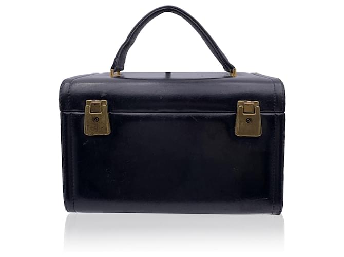Autre Marque Vintage Black Leather Travel Train Case Beauty Vanity Bag  ref.1297382