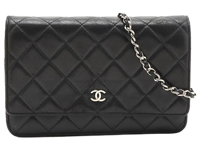 Wallet On Chain Chanel Schwarzes Lammfell 2014 Brieftasche an der Kette Leder  ref.1297407