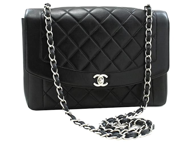 Chanel BLACK VINTAGE 1996 grand sac à rabat Diana en cuir d'agneau Noir  ref.1297408