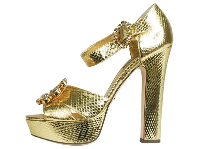 Dolce & Gabbana Talons plateforme ornés de peau de serpent doré - taille EU 38 Cuir  ref.1297409