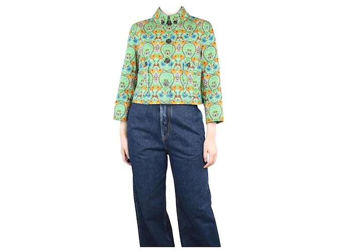 Miu Miu Grüne, kurze Jeansjacke mit Blumenmuster – Größe UK 12 Baumwolle  ref.1297417