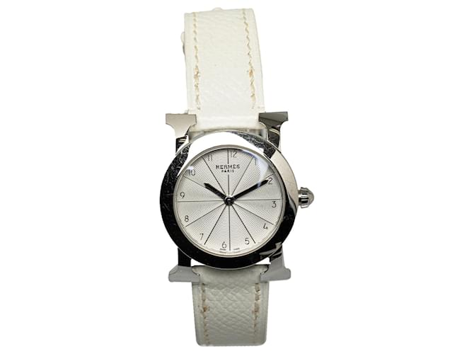 Hermès Relógio Hermes prata quartzo aço inoxidável Heure H Ronde Couro Metal Bezerro-como bezerro  ref.1297522