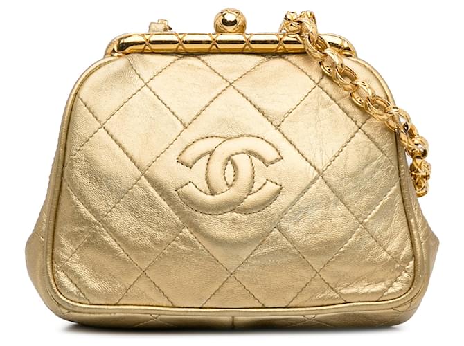 Chanel Gold CC Lambskin Kiss Lock Frame Bag Golden Leather  ref.1297533