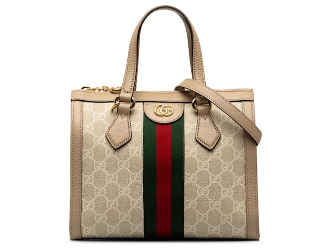 Gucci Brown Small GG Supreme Ophidia Satchel Beige Leather Cloth Pony-style calfskin Cloth  ref.1297539