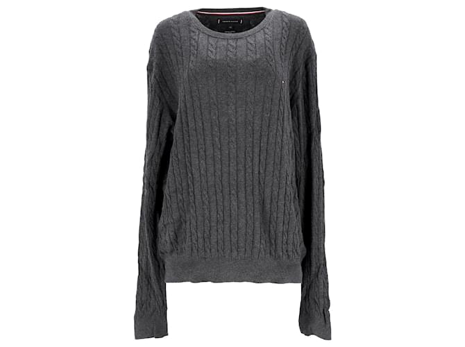 Tommy Hilfiger Mens Cable Knit Crew Neck Jumper in Grey Cotton  ref.1297645