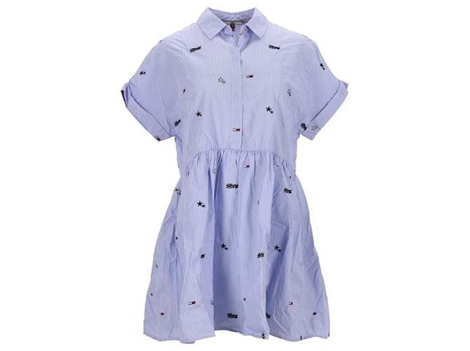 Tommy Hilfiger Womens Logo Embroidery Short Sleeve Shirt Dress Blue Light blue Cotton  ref.1297651