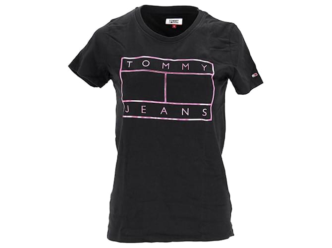 Tommy Hilfiger T-shirt da donna con logo metallizzato Nero Cotone  ref.1297658