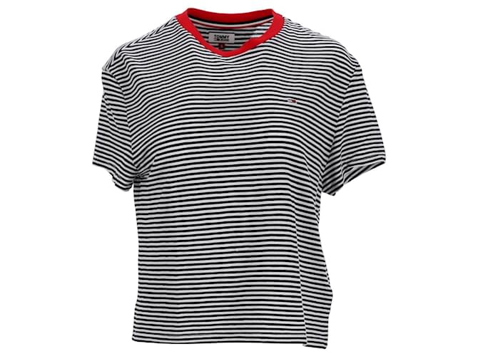 Tommy Hilfiger Kurzes T-Shirt aus strukturierter Viskose mit Streifen für Damen Marineblau Polyester  ref.1297660