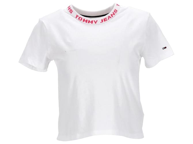 Tommy Hilfiger Camiseta feminina de algodão orgânico com gola e logotipo Branco  ref.1297706