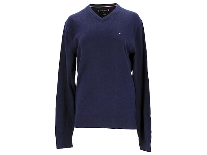 Suéter masculino Tommy Hilfiger com decote em V em caxemira de algodão azul marinho  ref.1297714