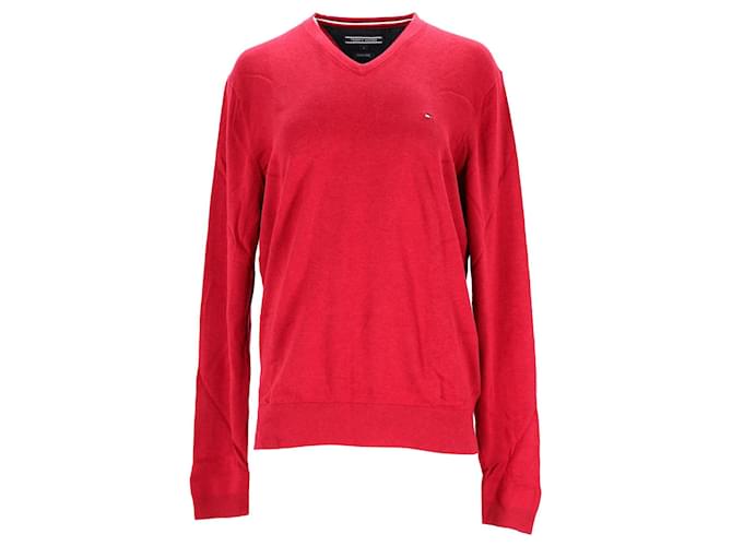 Suéter masculino luxuoso de algodão com gola V Tommy Hilfiger em algodão vermelho  ref.1297735