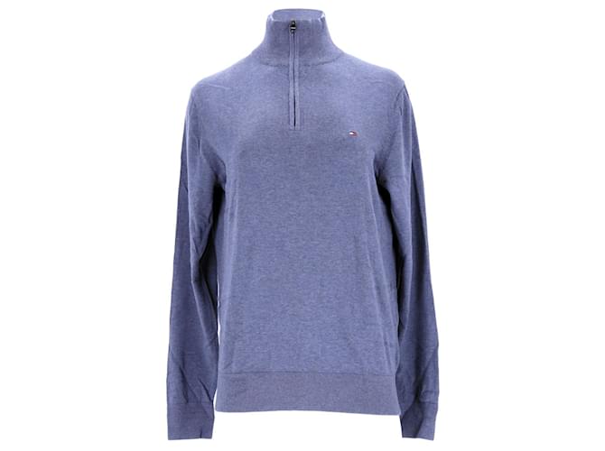 Tommy Hilfiger Mens Organic Cotton Blend Zipped Neck Jumper in Teal Cotton Green  ref.1297738