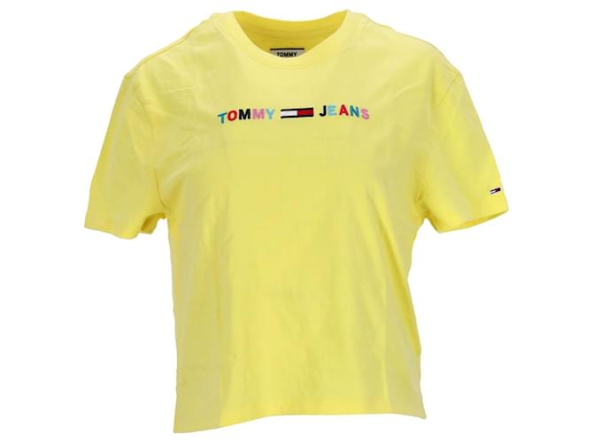 Tommy Hilfiger Womens Colour Blocked Logo Cropped Fit T Shirt Yellow Cotton  ref.1297744